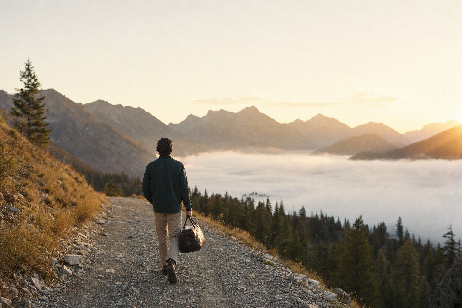 A traveler from behind on a gravel mountain road at sunrise, carrying a leather weekender