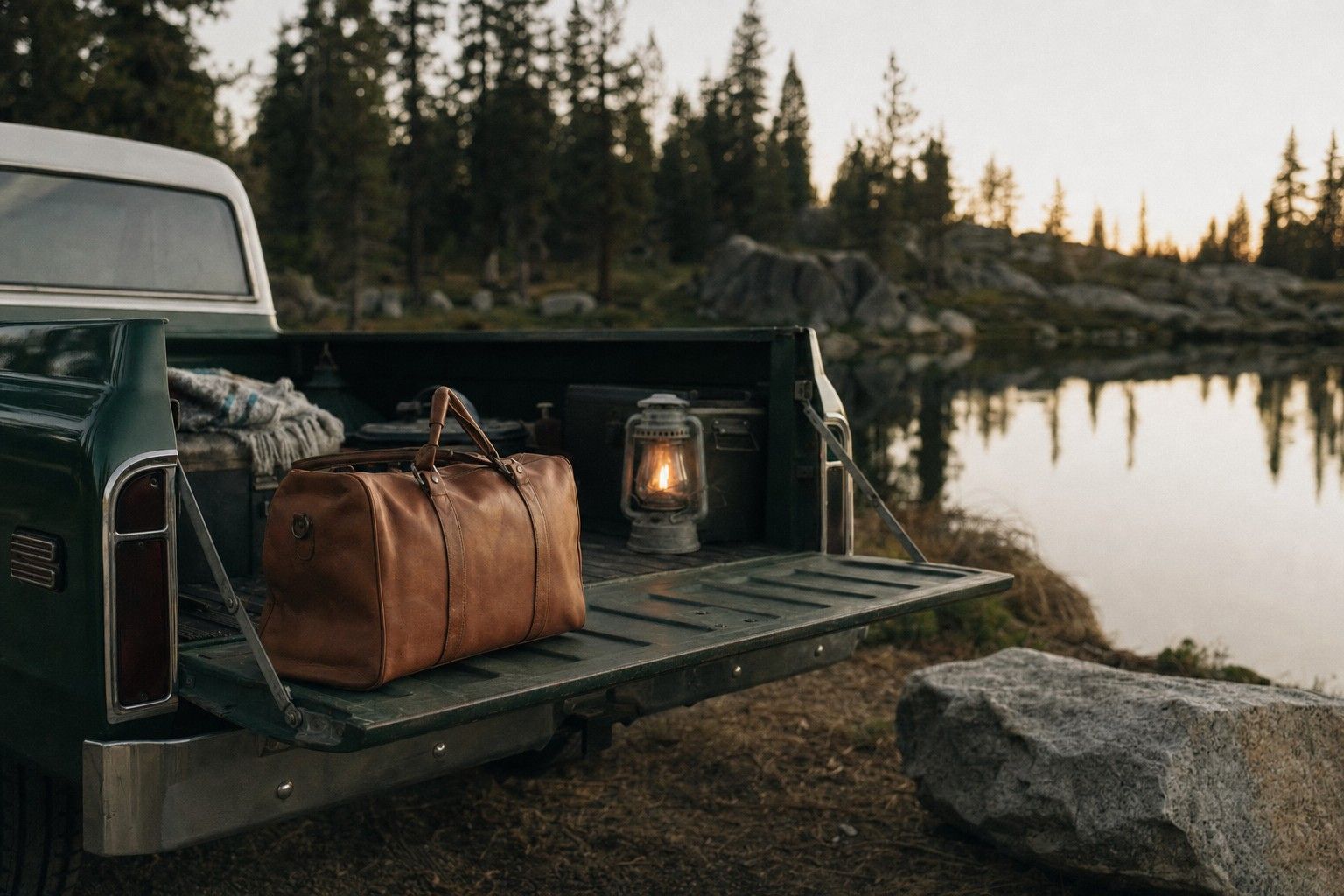 A cognac leather duffle bag on the tailgate of a green pickup truck beside a lake at dusk