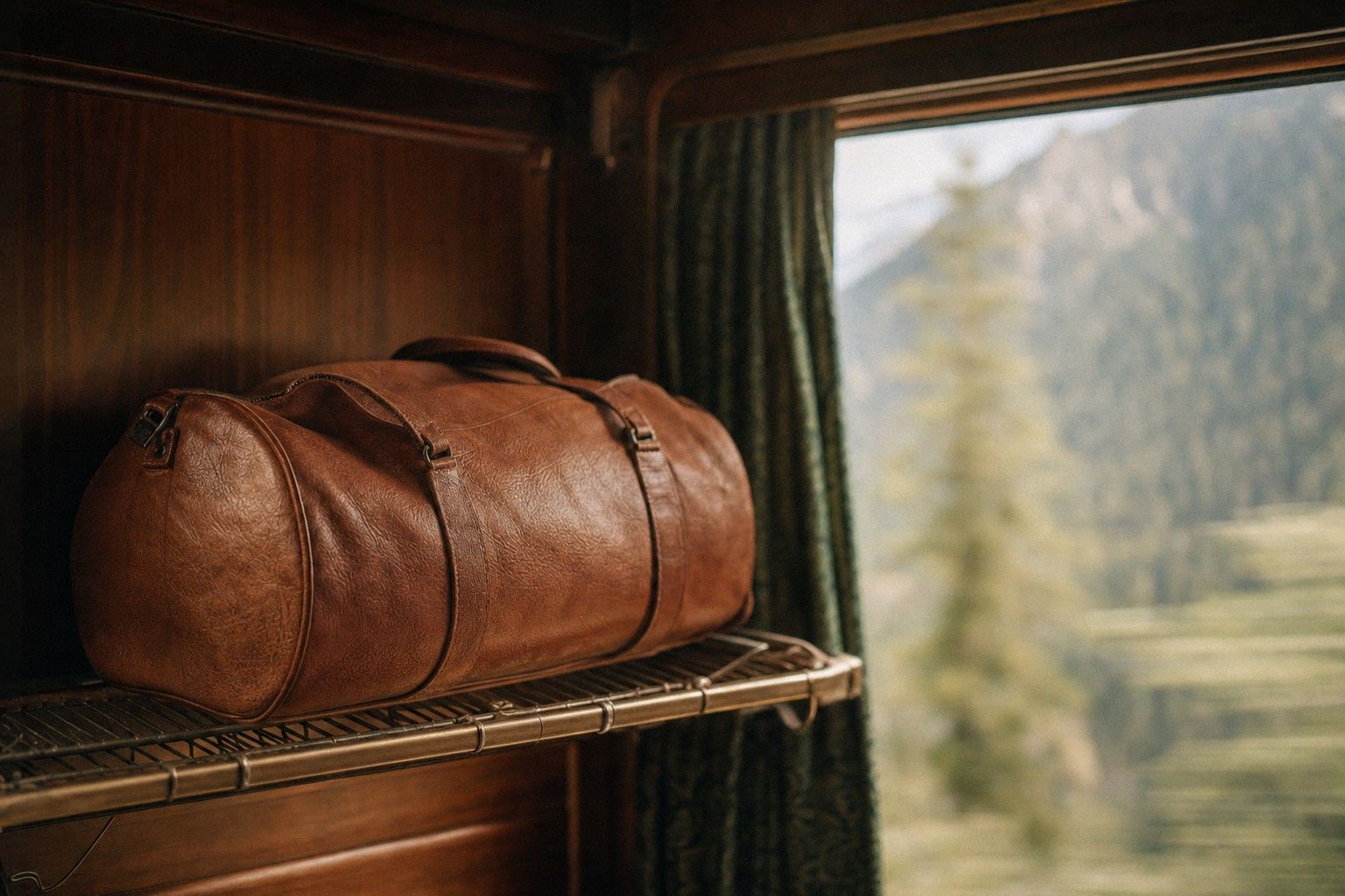 A leather duffle in the luggage rack of a wood-paneled train compartment