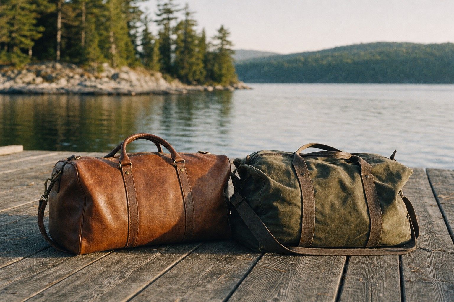 A cognac leather duffle and an olive waxed canvas duffle side by side on a lakeside dock