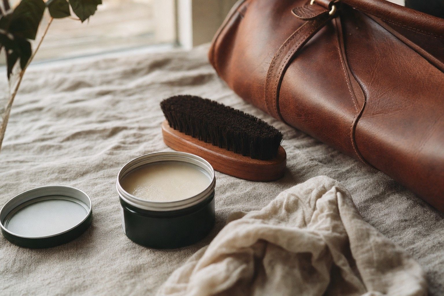 A tin of leather conditioner, a horsehair brush, and a cotton cloth beside the corner of a cognac leather duffle