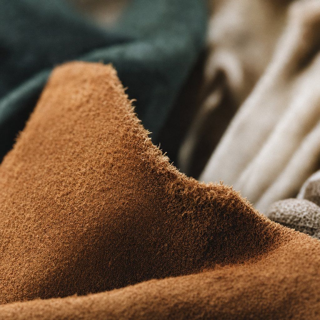 Close-up of tan split suede with soft napped fibers