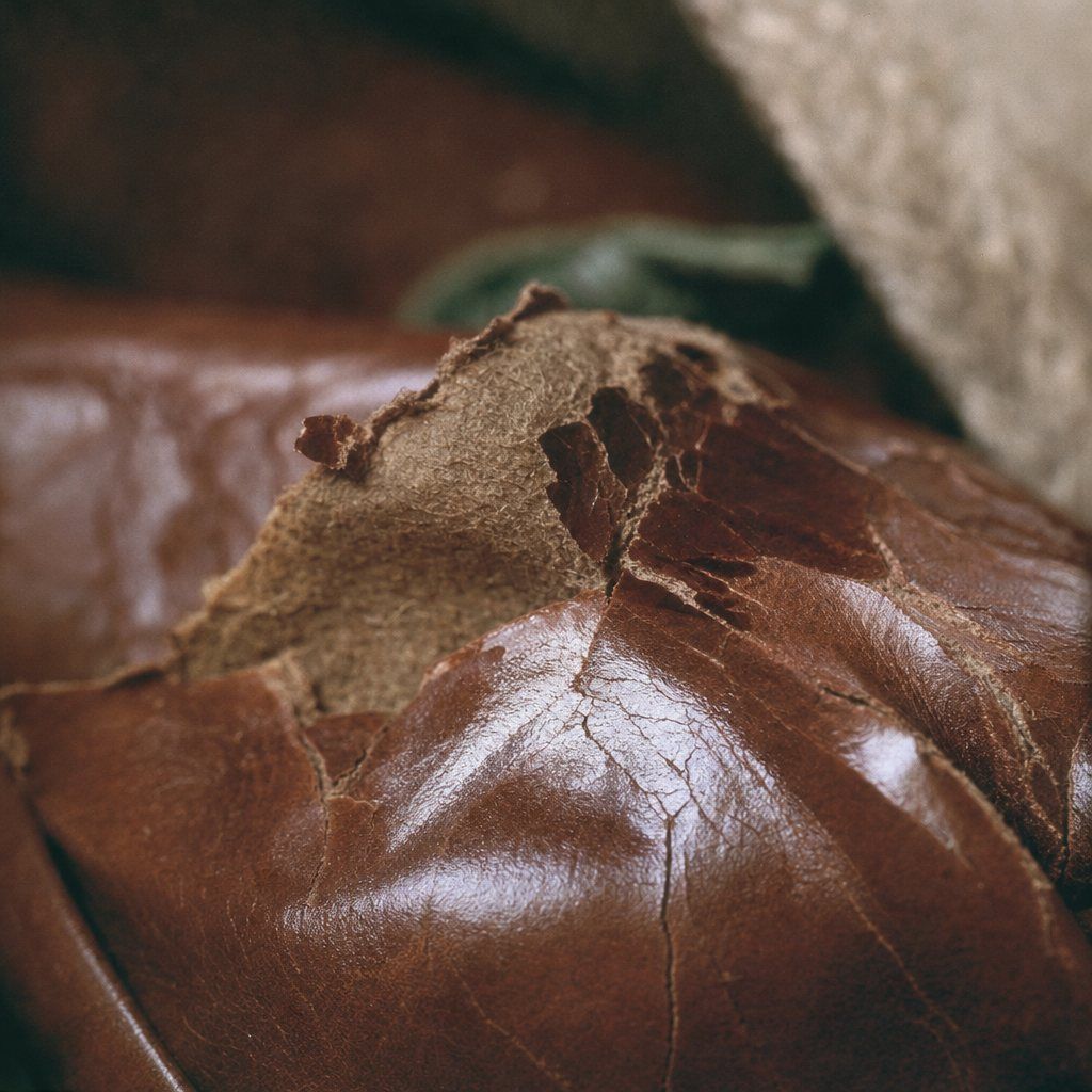 Close-up of bonded leather peeling at a fold to show a fibrous backing
