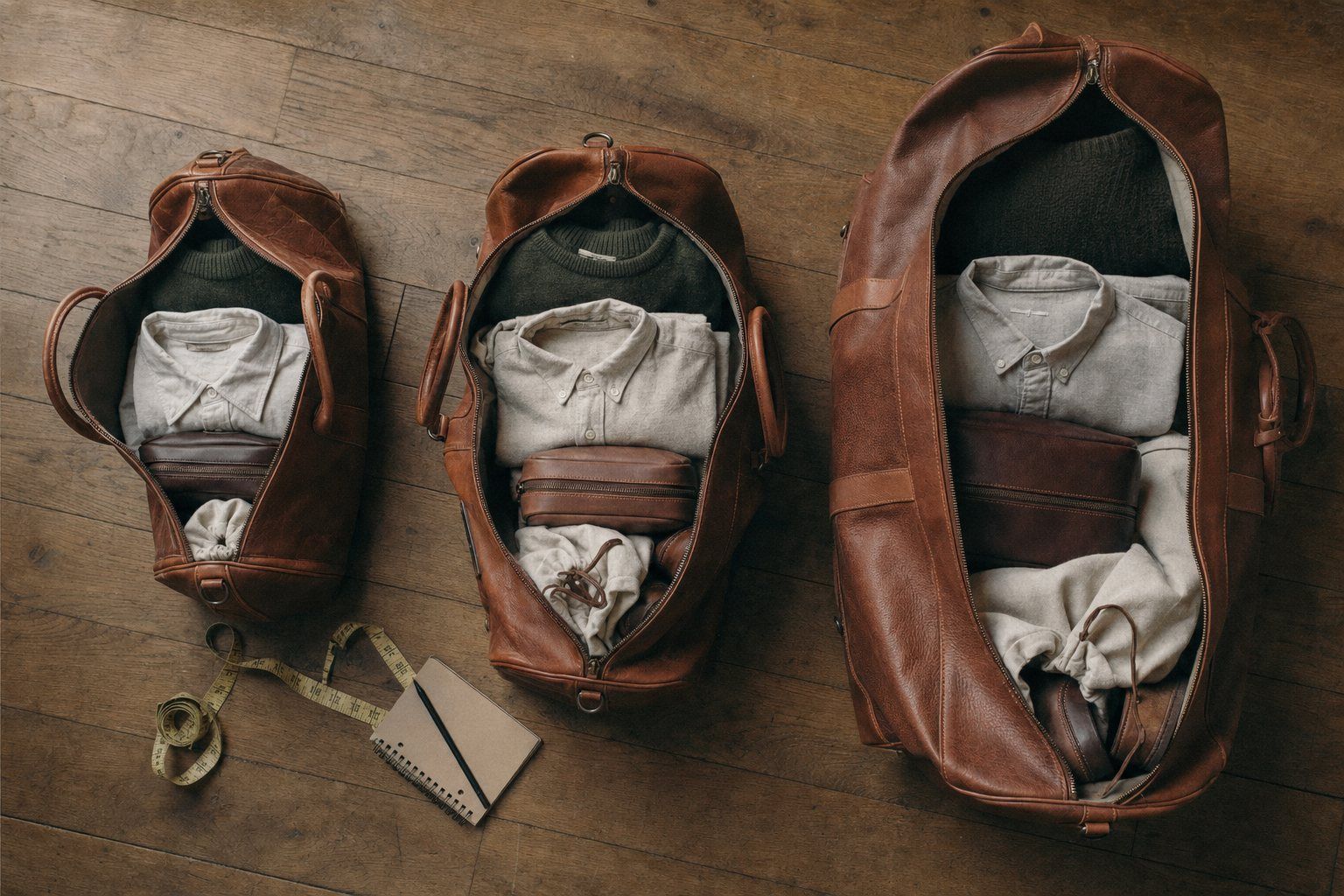 Three open leather duffles of different sizes, packed with folded clothes, shoes and a toiletry kit